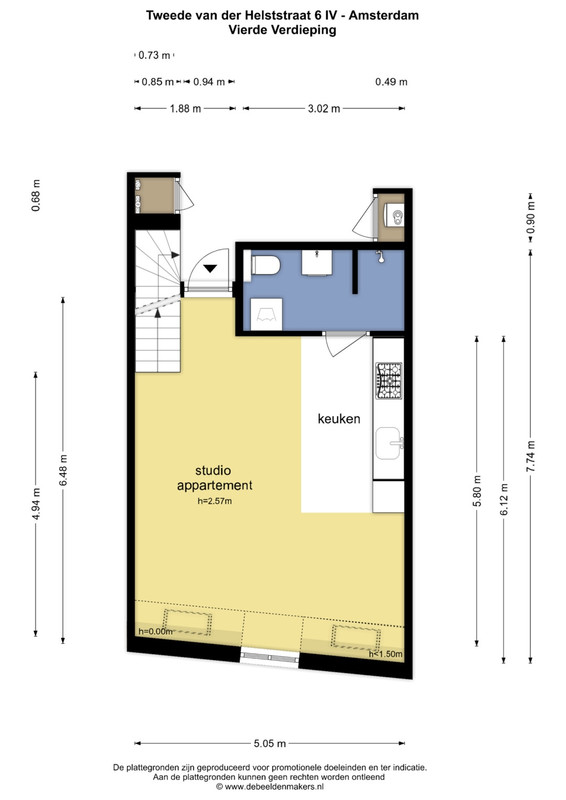 Studio te koop: Tweede Van Der Helststraat 6-4, Amsterdam